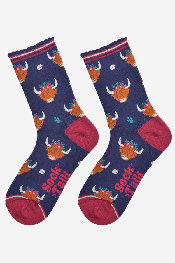 Women's Bamboo Socks - Navy/Burgundy, Winter Highland Cow