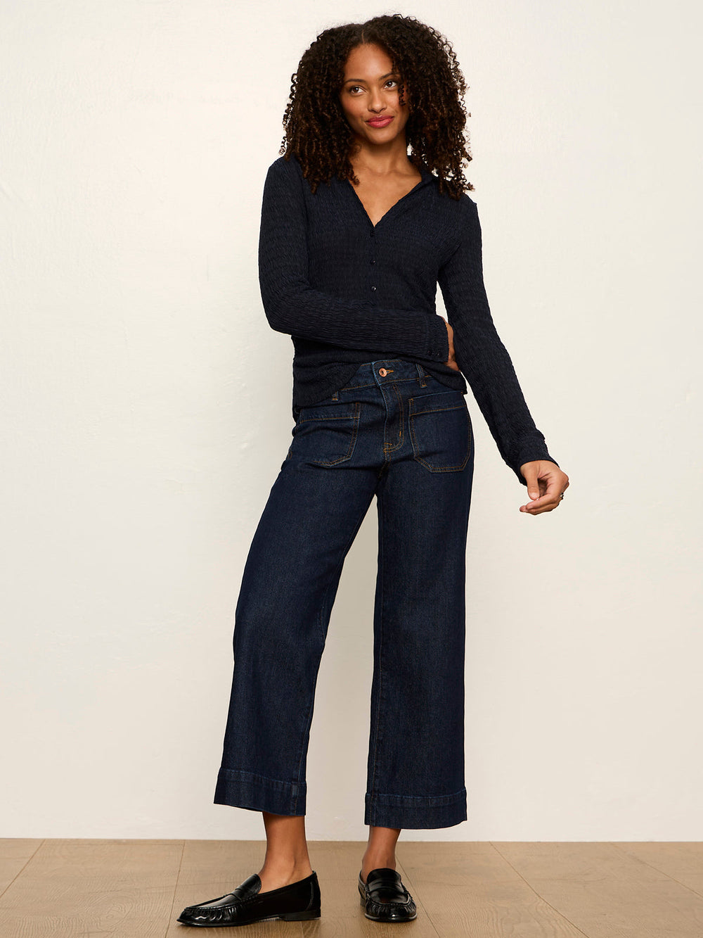 Juno Textured Button Front Blouse - Navy