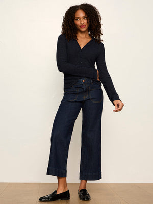 Juno Textured Button Front Blouse - Navy