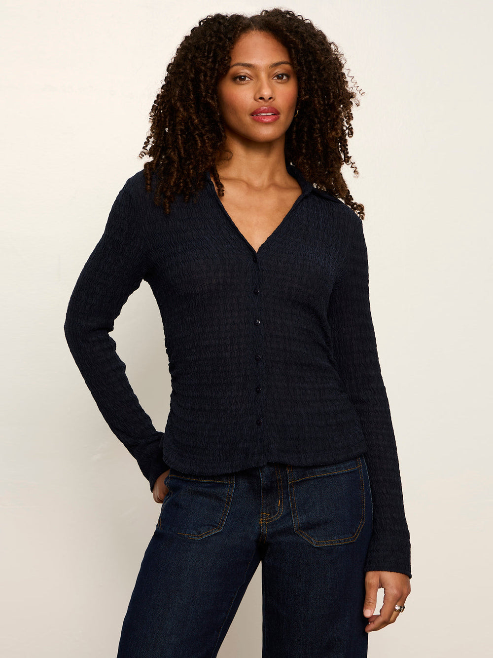 Juno Textured Button Front Blouse - Navy