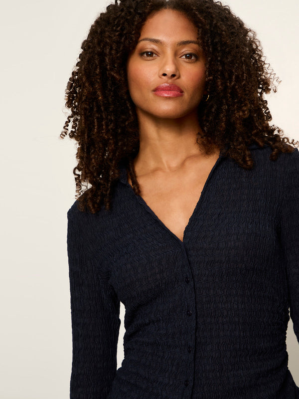 Juno Textured Button Front Blouse - Navy