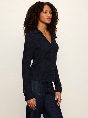 Juno Textured Button Front Blouse - Navy