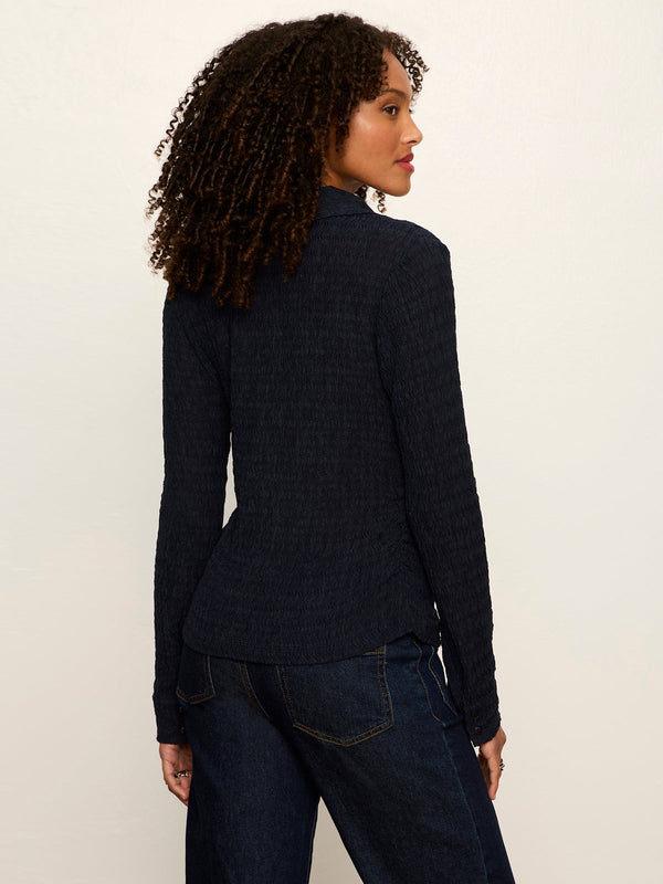 Juno Textured Button Front Blouse - Navy