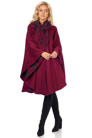 Double-Face Cloth Knee Length Cape w/ Convertible Hood - Claret & Lindsey Tartan