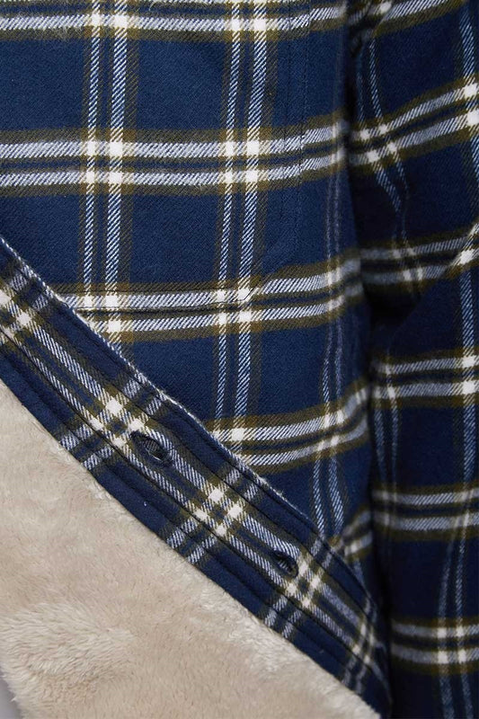 Collar Fleece Lined Flannel Shirt -Navy Green Check