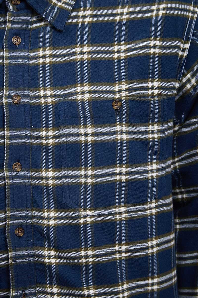 Collar Fleece Lined Flannel Shirt -Navy Green Check