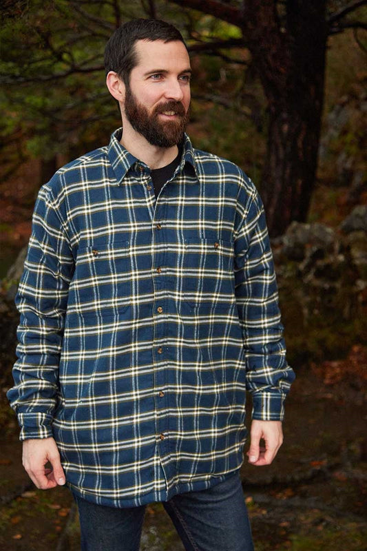 Collar Fleece Lined Flannel Shirt -Navy Green Check