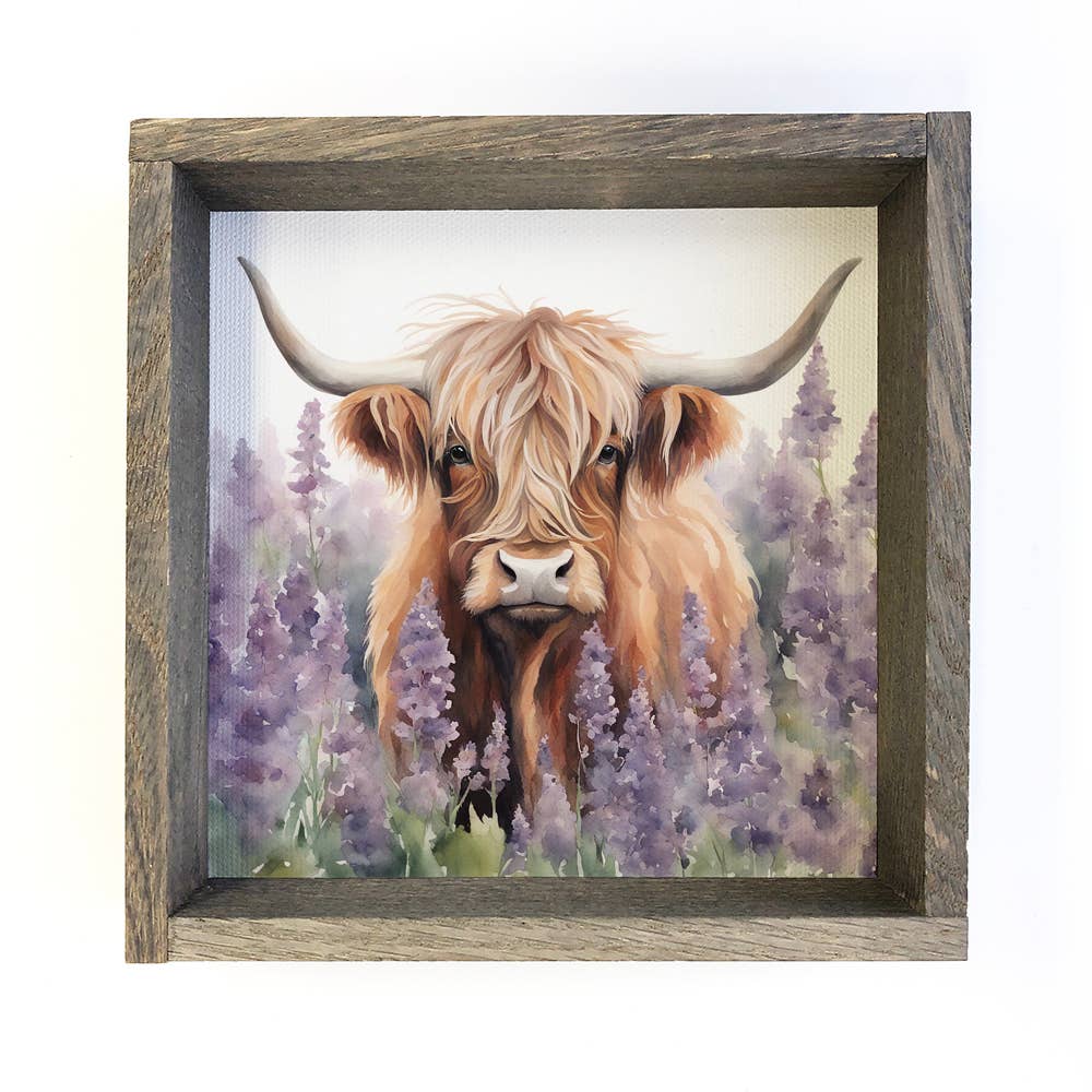 Highland Cow Lavender Fields 11" x 11" Small Canvas