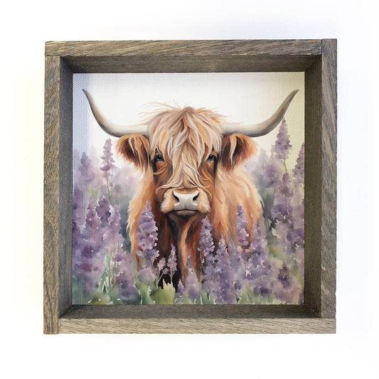 Highland Cow Lavender Fields 11" x 11" Small Canvas