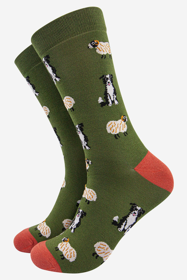 Men's Bamboo Border Collie & Sheep Socks - Green & Brown