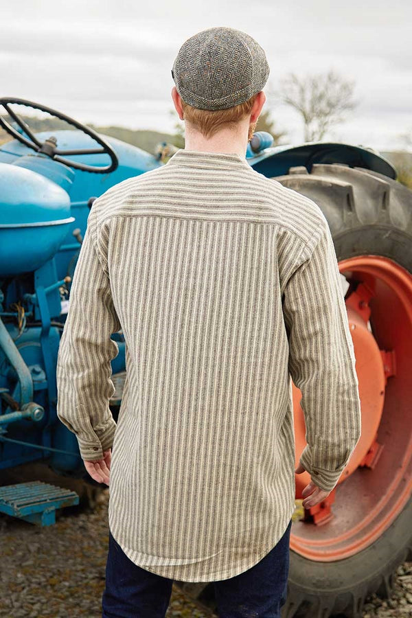 Traditional Flannel Grandfather Shirt - Beige, Green & Maroon Stripe