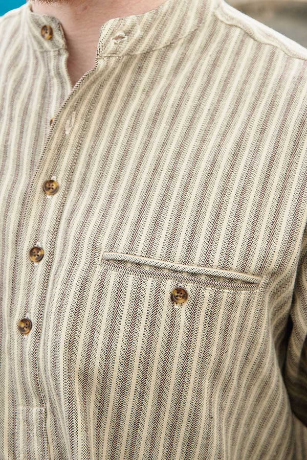 Traditional Flannel Grandfather Shirt - Beige, Green & Maroon Stripe