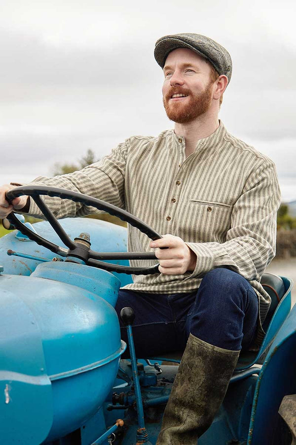 Traditional Flannel Grandfather Shirt - Beige, Green & Maroon Stripe