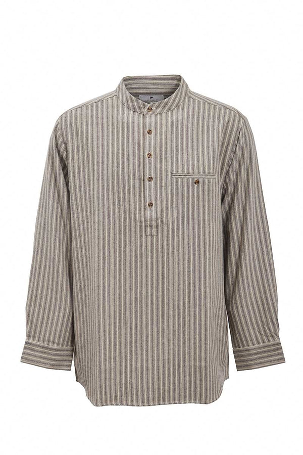 Traditional Flannel Grandfather Shirt - Beige, Green & Maroon Stripe