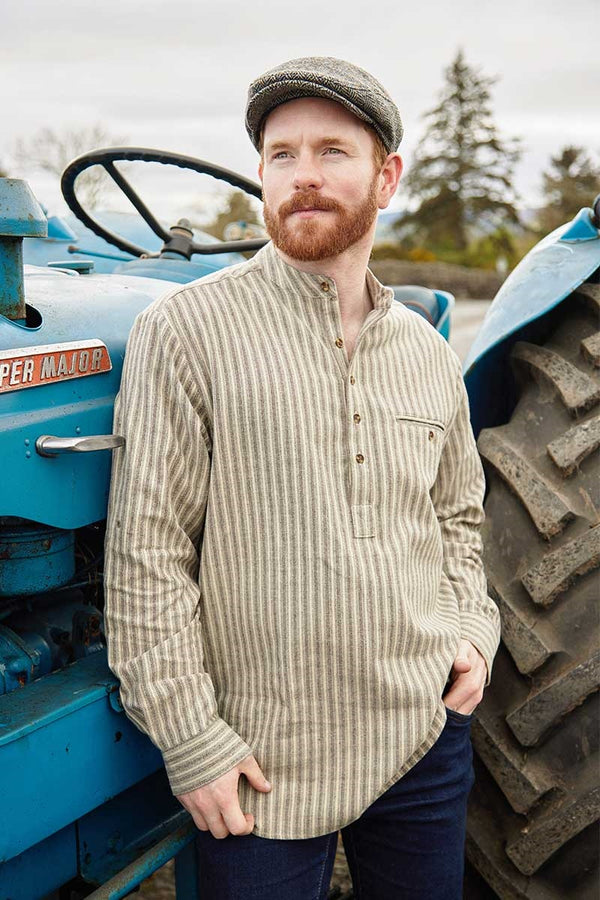 Traditional Flannel Grandfather Shirt - Beige, Green & Maroon Stripe