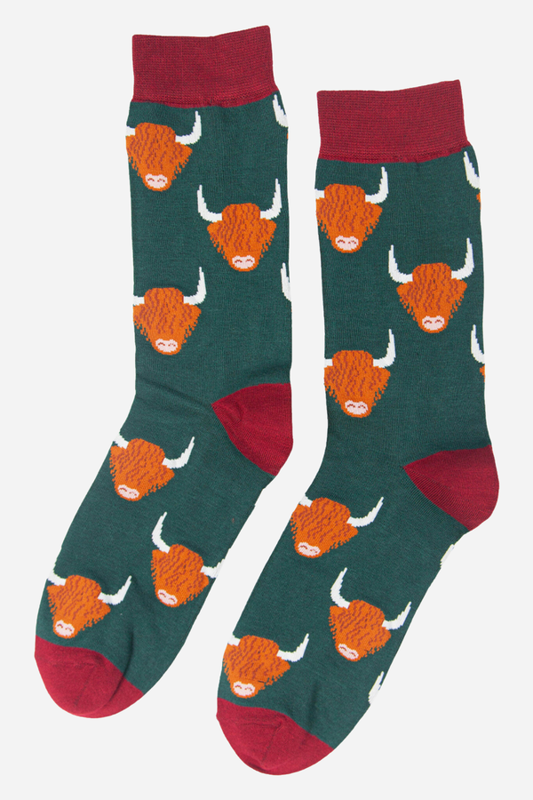 Green Men's Highland Cow Print Bamboo Socks