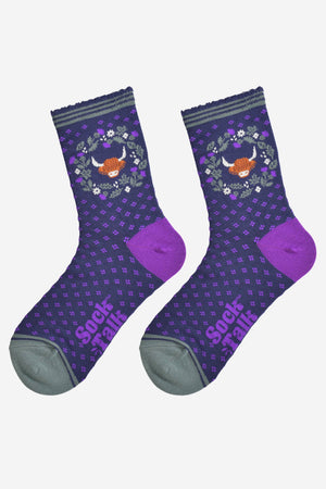 Women's Bamboo Socks - Navy Blue/Purple, Highland Cow Wreath