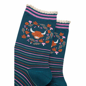 Women's Bamboo Socks - Green/Pink, Highland Cow Wreath: UK 3-7 | EU 36-40 | US 5-9
