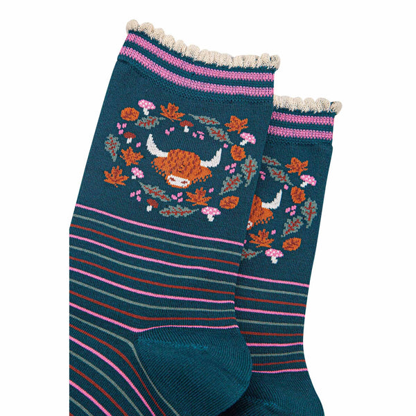 Women's Bamboo Socks - Green/Pink, Highland Cow Wreath: UK 3-7 | EU 36-40 | US 5-9
