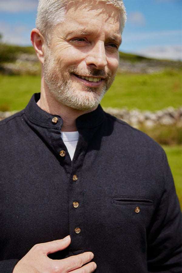 Traditional Flannel Grandfather Shirt - Navy