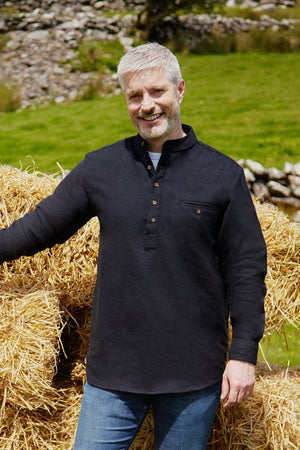 Traditional Flannel Grandfather Shirt - Navy