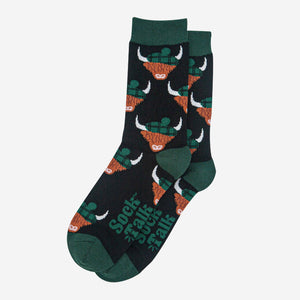 Men's Bamboo Socks - Black/Forest Green, Highland Cow: UK 7-11 | EU 40.5 -46 | US 8-12
