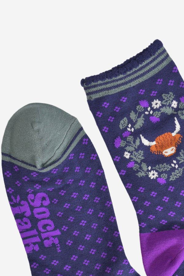 Women's Bamboo Socks - Navy Blue/Purple, Highland Cow Wreath