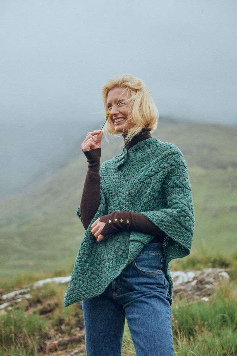 Easkey Ladies Classic Merino Aran Button Poncho - Kiwi