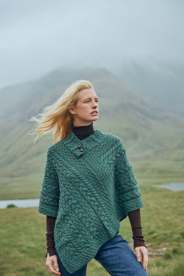 Easkey Ladies Classic Merino Aran Button Poncho - Kiwi