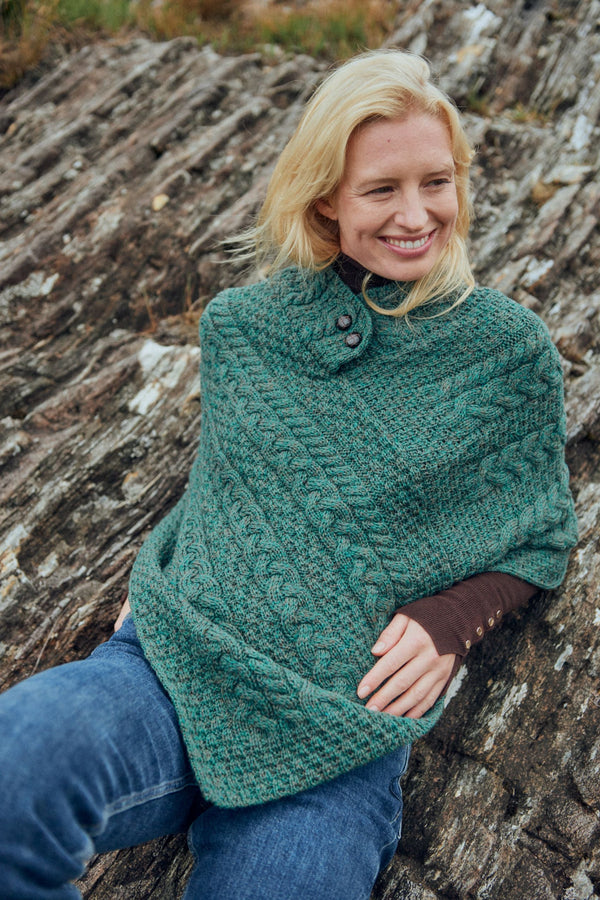 Easkey Ladies Classic Merino Aran Button Poncho - Kiwi