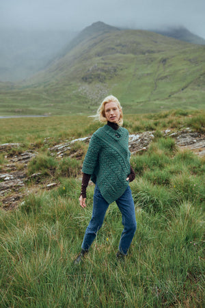 Easkey Ladies Classic Merino Aran Button Poncho - Kiwi