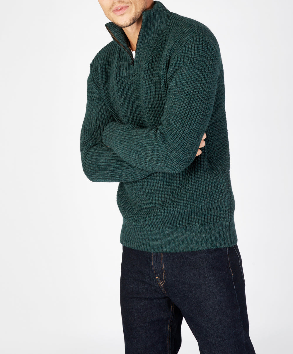 Reefer Ribbed Zip Neck Sweater - Evergreen
