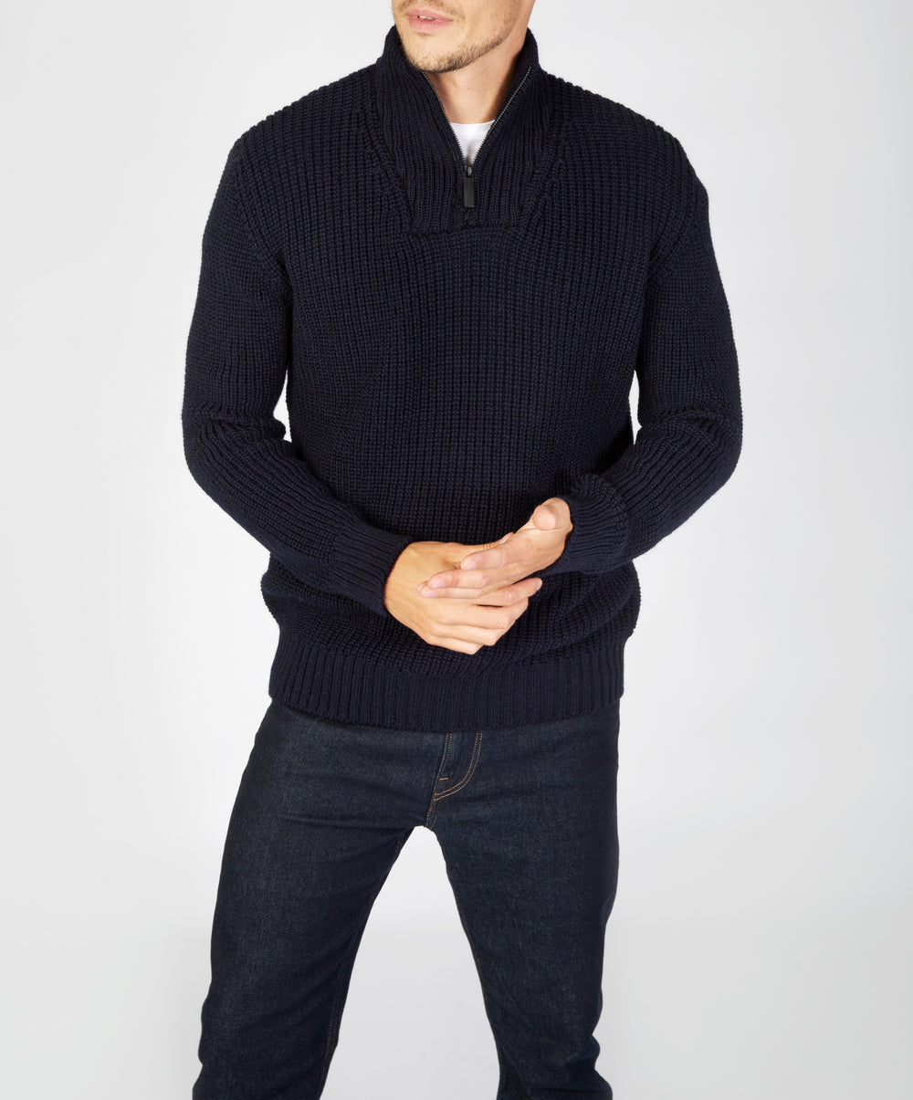 Reefer Ribbed Zip Neck Sweater - Navy