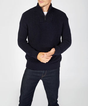 Reefer Ribbed Zip Neck Sweater - Navy