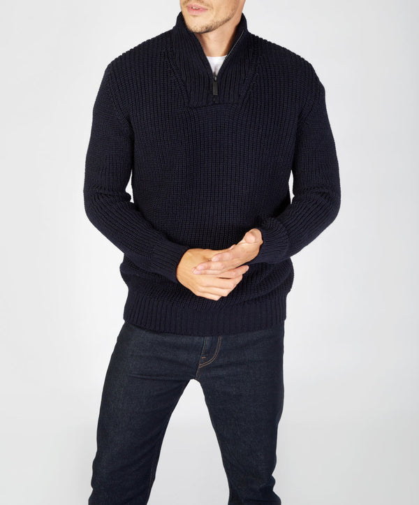 Reefer Ribbed Zip Neck Sweater - Navy