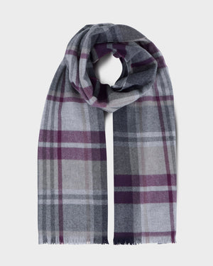 Foxford Aubergine and Grey Tartan Fine Wool Cashmere Blend Scarf