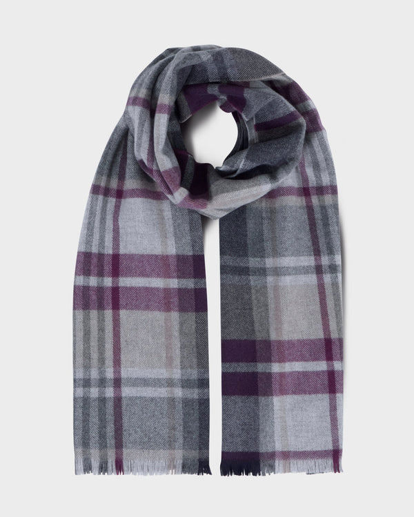 Foxford Aubergine and Grey Tartan Fine Wool Cashmere Blend Scarf