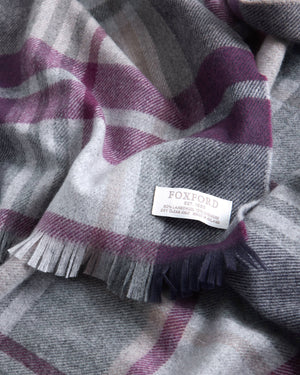 Foxford Aubergine and Grey Tartan Fine Wool Cashmere Blend Scarf