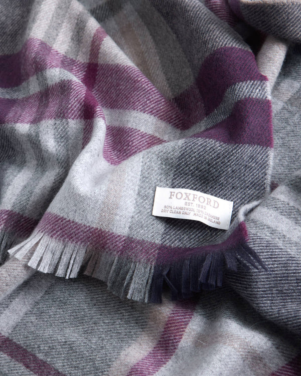 Foxford Aubergine and Grey Tartan Fine Wool Cashmere Blend Scarf