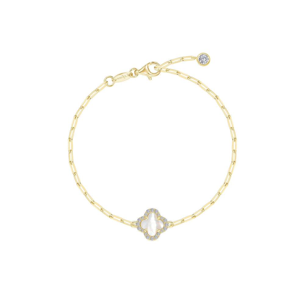 Mother-Of-Pearl Clover Paperclip Chain Bracelet - Gold