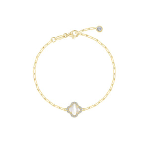 Mother-Of-Pearl Clover Paperclip Chain Bracelet - Gold