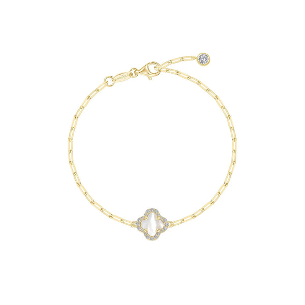 Mother-Of-Pearl Clover Paperclip Chain Bracelet - Gold