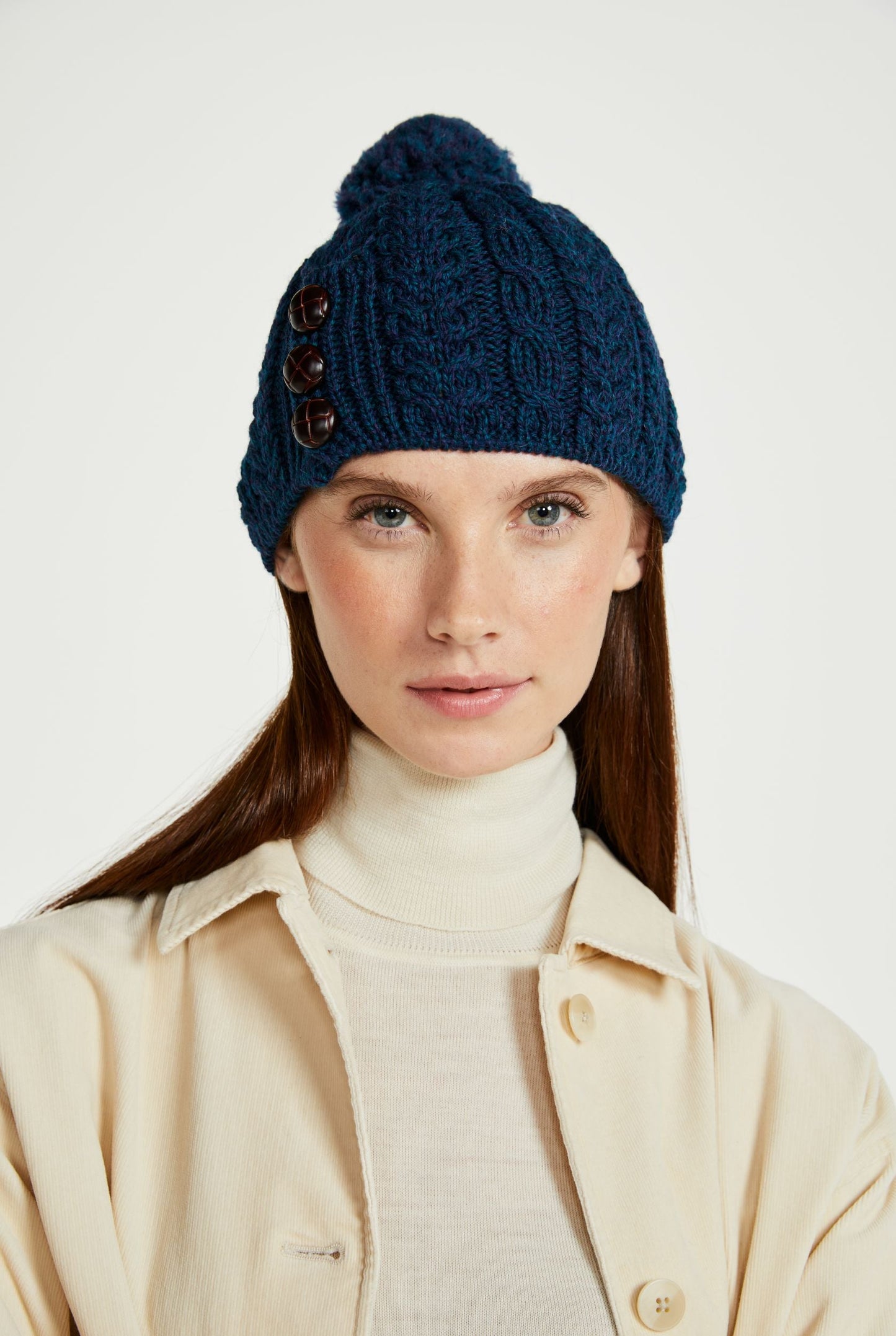 Cong Aran Hat with Pom Pom - Atlantic Blue