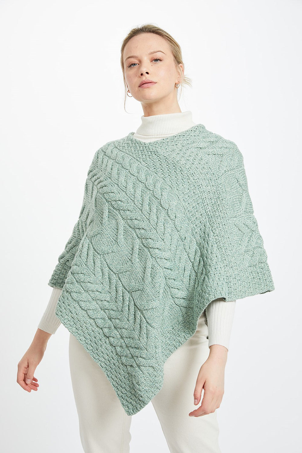 Aasleagh Falls Ladies Aran Poncho - Sea Foam Green
