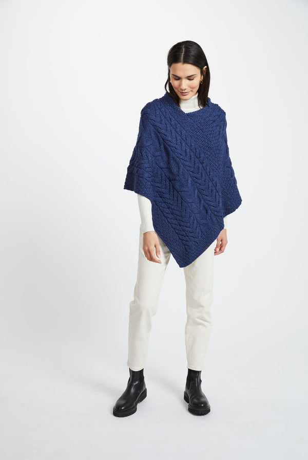 Aasleagh Falls Ladies Aran Poncho - Ink Blue