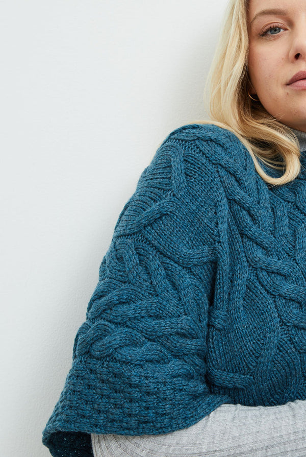 Aasleagh Falls Ladies Aran Poncho - Irish Sea
