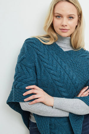 Aasleagh Falls Ladies Aran Poncho - Irish Sea