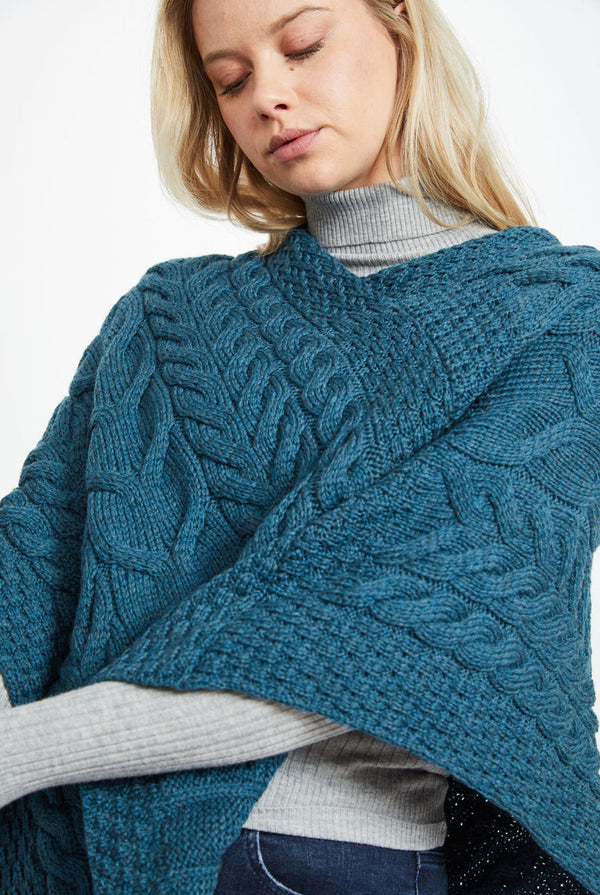 Aasleagh Falls Ladies Aran Poncho - Irish Sea
