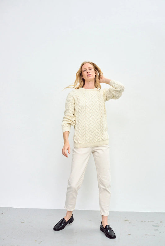 Omey Ladies Cable & Weave Aran Crew - Natural