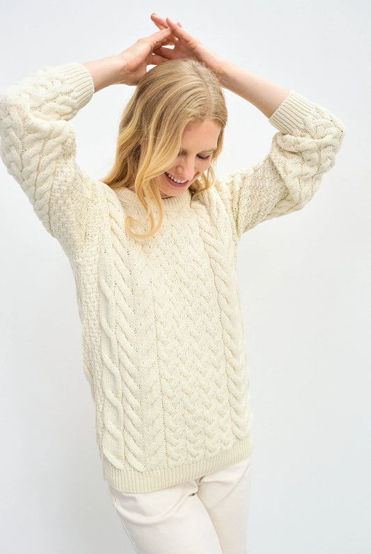 Omey Ladies Cable & Weave Aran Crew - Natural